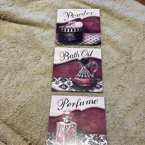 Vintage Red and Gold Perfume Bath Oil, Powder Set; 3 6x6 Poster Prints